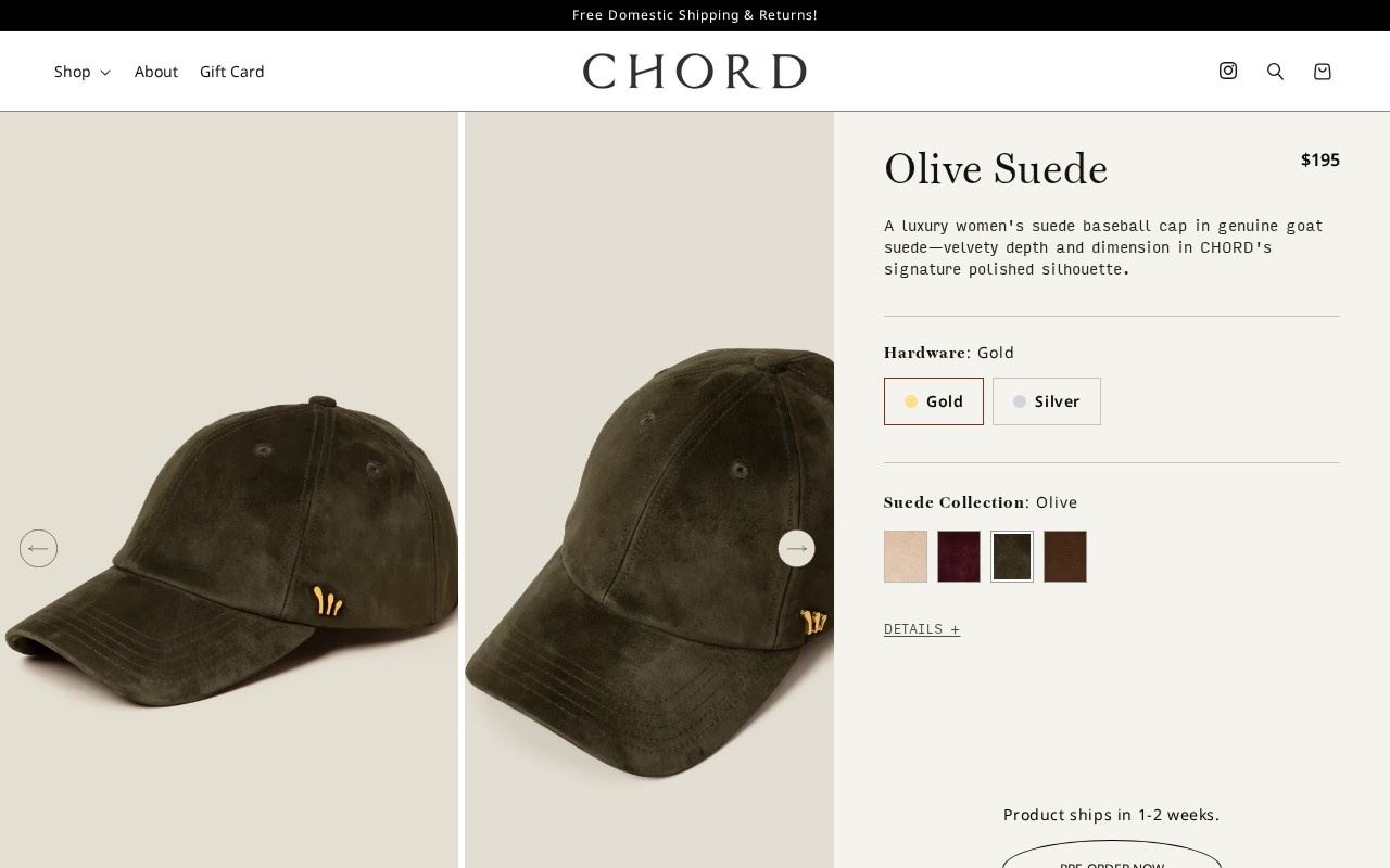 The Olive Suede product page on shopchord.com, captured October 13, 2026: $195, a gold or silver hardware choice, four suede colorways, and a note reading "Product ships in 1-2 weeks" above a pre-order button. Source: shopchord.com.