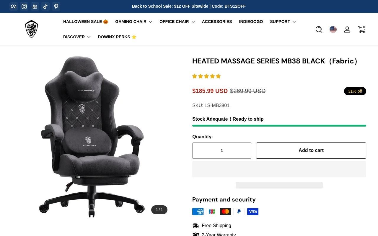The Heated Massage Series MB38 product page on dowinx.com, captured October 13, 2026: $185.99 against a crossed-out $269.99, a 31% off badge, and footer badges reading Free Shipping and 2-Year Warranty. Source: dowinx.com.