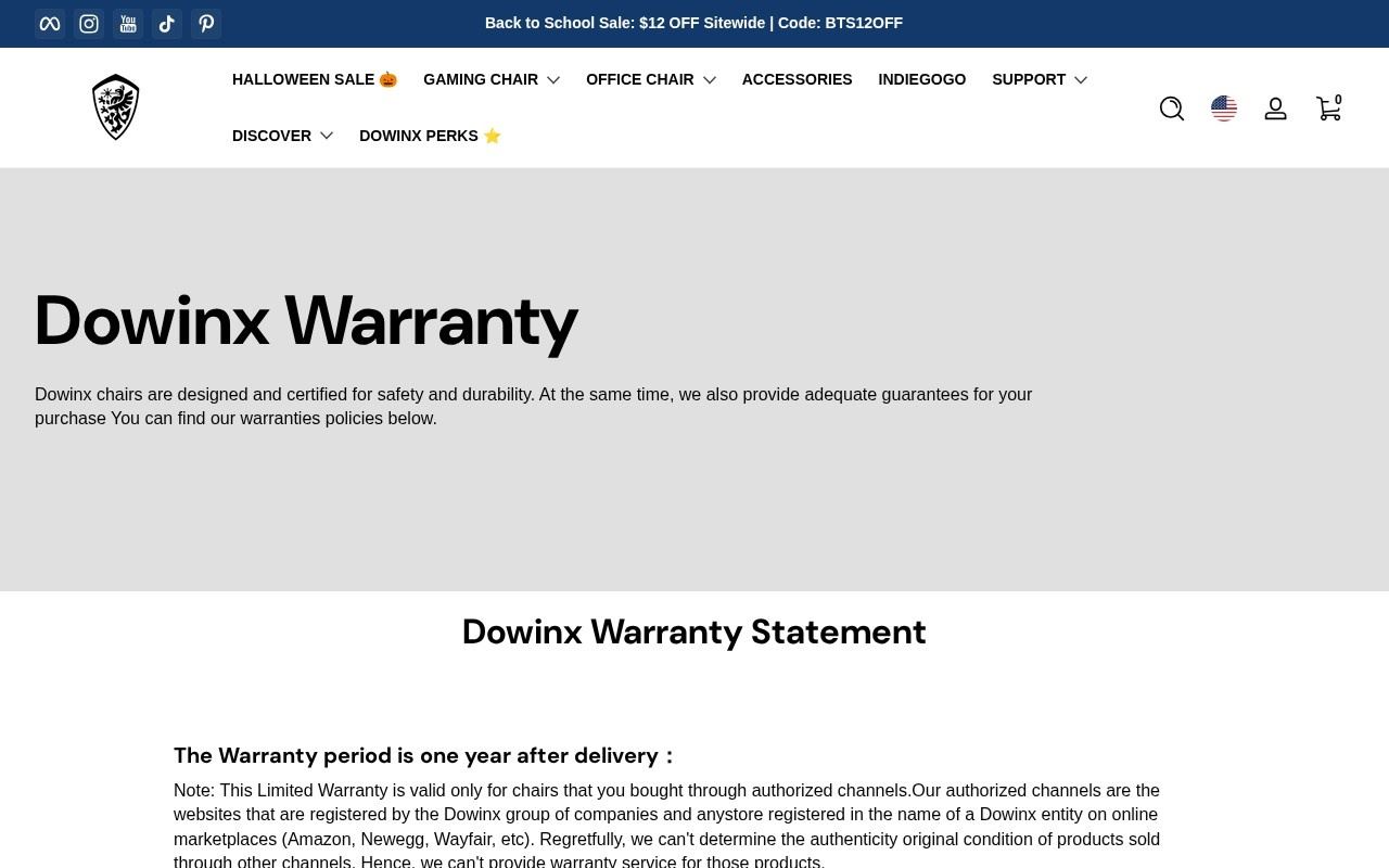 The DOWINX warranty page, captured October 13, 2026, showing the heading "The Warranty period is one year after delivery" above the authorized-channel restriction. Source: dowinx.com/pages/warranty.