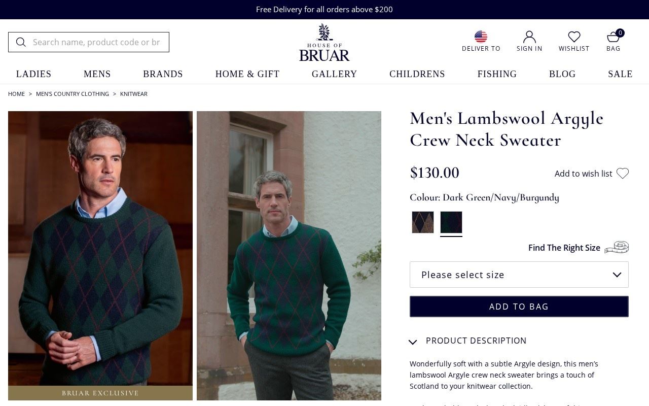 Men's Lambswool Argyle Crew Neck Sweater listed at $130.00 on the US site. Captured from houseofbruar.com on October 15, 2026.