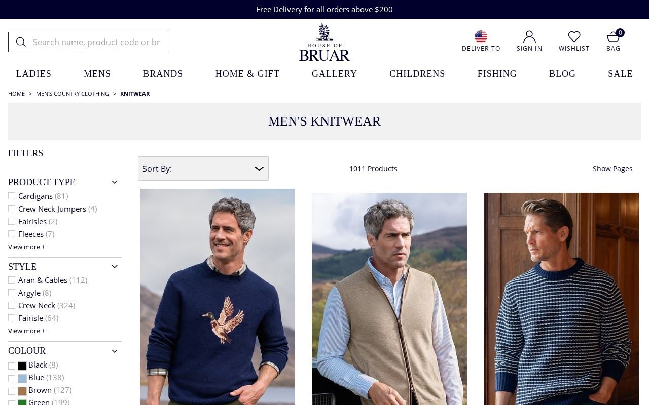 House of Bruar's Men's Knitwear category, showing 1,011 products and the fabric filters. Captured from houseofbruar.com on October 15, 2026.