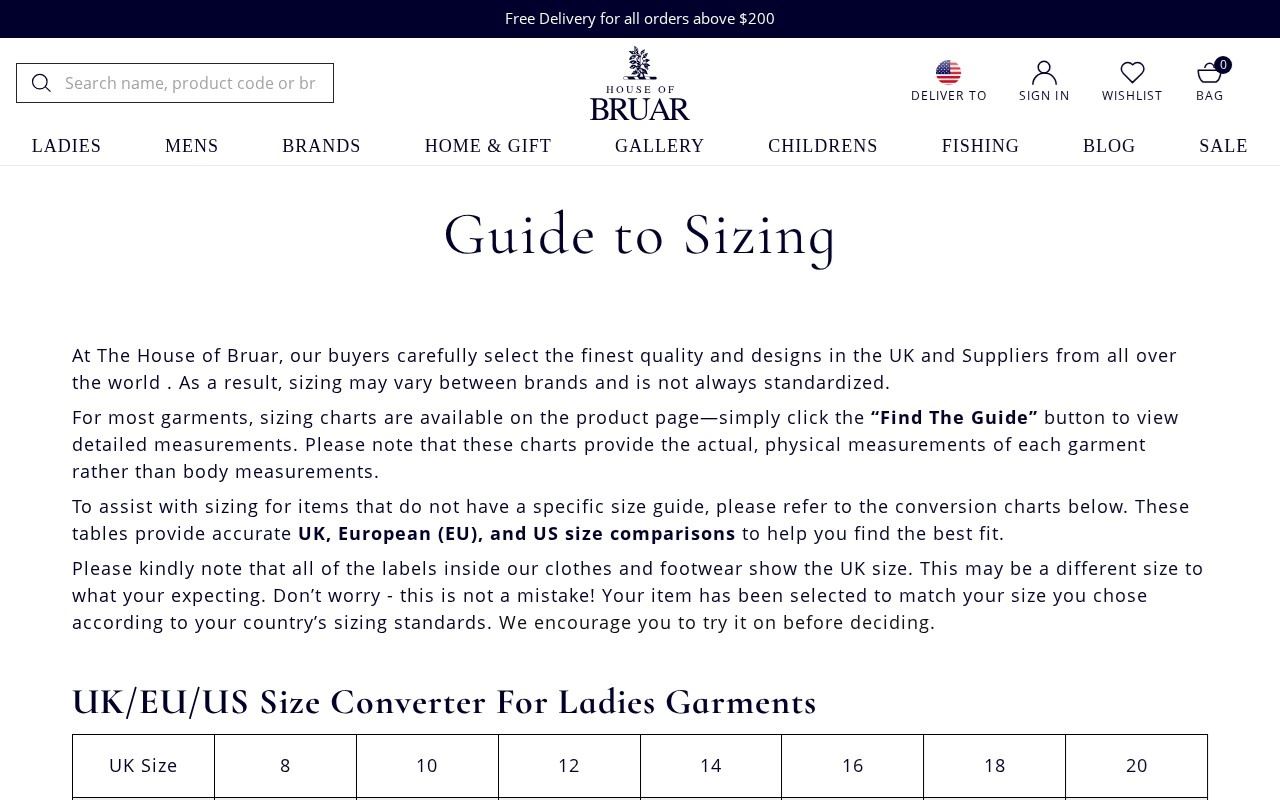 The House of Bruar Guide to Sizing, which states that every label shows the UK size. Captured from houseofbruar.com on October 15, 2026.