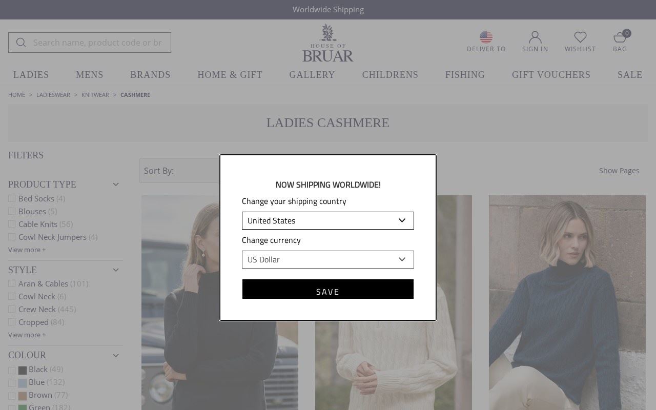 The Ladies Cashmere category on houseofbruar.com, captured October 13, 2026, showing the filter counts and the shipping-country prompt that greets a first-time US visitor. Source: houseofbruar.com/ladies/knitwear/cashmere.