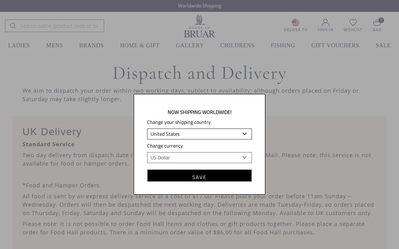 The Dispatch & Delivery page read from the United States on October 13, 2026, showing the $17.00 food delivery charge and the $86.00 Food Hall minimum. Source: houseofbruar.com/dispatch-delivery.