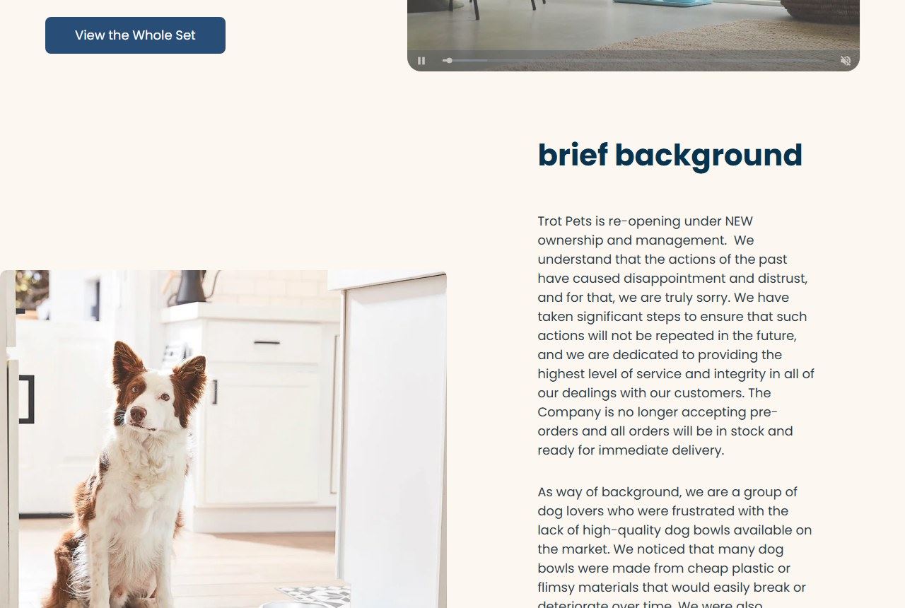 The "brief background" section of the Trot Pets About page, captured October 15, 2026, where the company apologises for "the actions of the past" and states it no longer accepts pre-orders. Source: trotpets.com/pages/about.