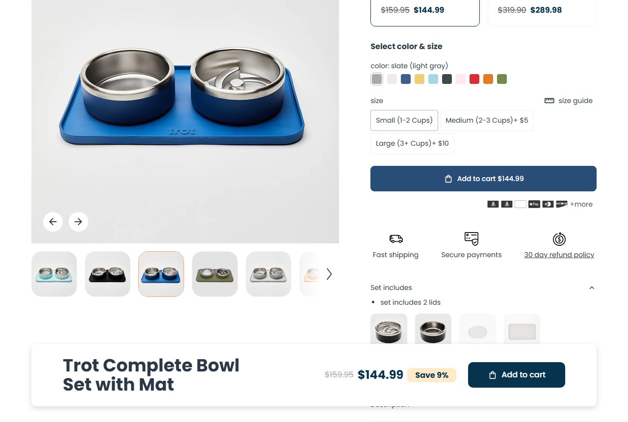 The Trot Complete Bowl Set with Mat product page, captured October 15, 2026: $144.99 against a $159.95 compare-at, a "Save 9%" badge, size upcharges of $5 and $10, and a two-pack at $289.98. Source: trotpets.com.