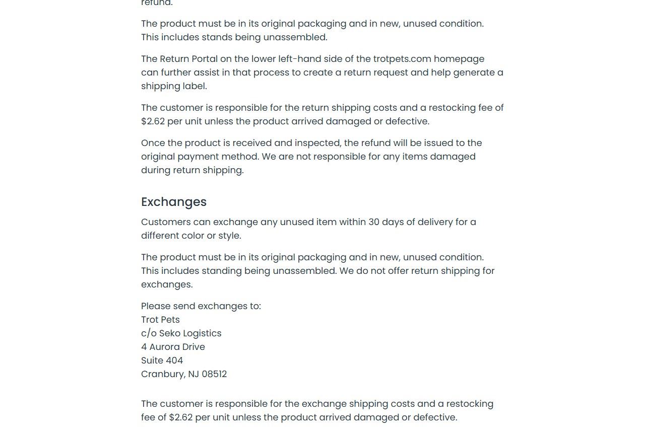 The Trot Pets Returns & Exchanges page, captured October 15, 2026, showing the $2.62 per unit restocking fee, the unassembled-stand condition and the Seko Logistics address in Cranbury, New Jersey. Source: trotpets.com/pages/returns-exchanges.