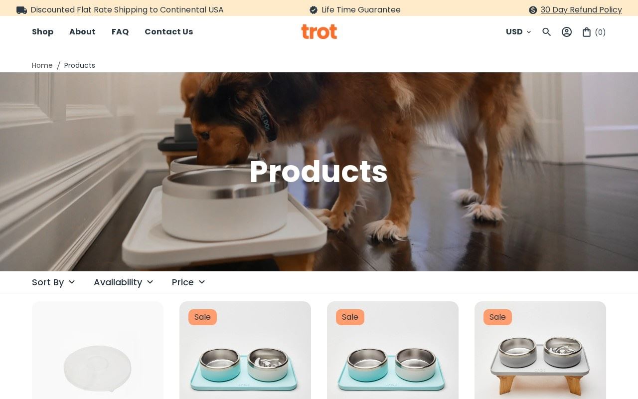 The Trot Pets Products collection page, captured October 15, 2026, showing the sort and price filters and the Sale badges carried by the bundled sets. Source: trotpets.com/collections/all.